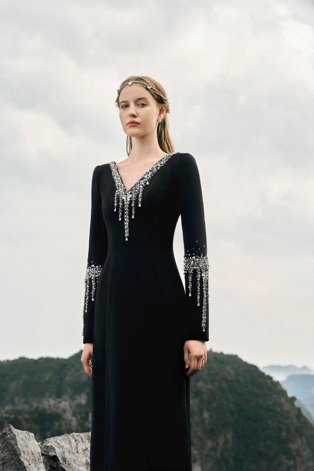 V-Neck Back Slit Dress With Stone Embellishments - TRACY COUTURE